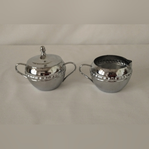 60's Irvinware Mid Century Mod Chrome Sugar Bowl/Lid & Creamer - Picture 3 of 9
